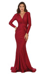 Sophisticated V-neck Long Sleeves Natural Waistline Sheath Plunging Neck Ruched Fitted Back Zipper Sheath Dress/Evening Dress with a Brush/Sweep Train