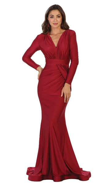 Sophisticated V-neck Plunging Neck Sheath Long Sleeves Natural Waistline Back Zipper Fitted Ruched Sheath Dress/Evening Dress with a Brush/Sweep Train