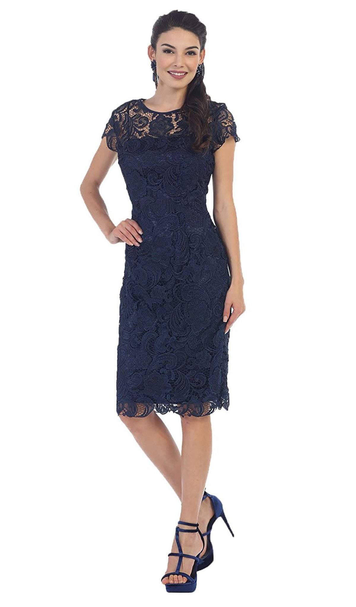 May Queen - Short Sleeve Sheer Scalloped Lace Formal Dress