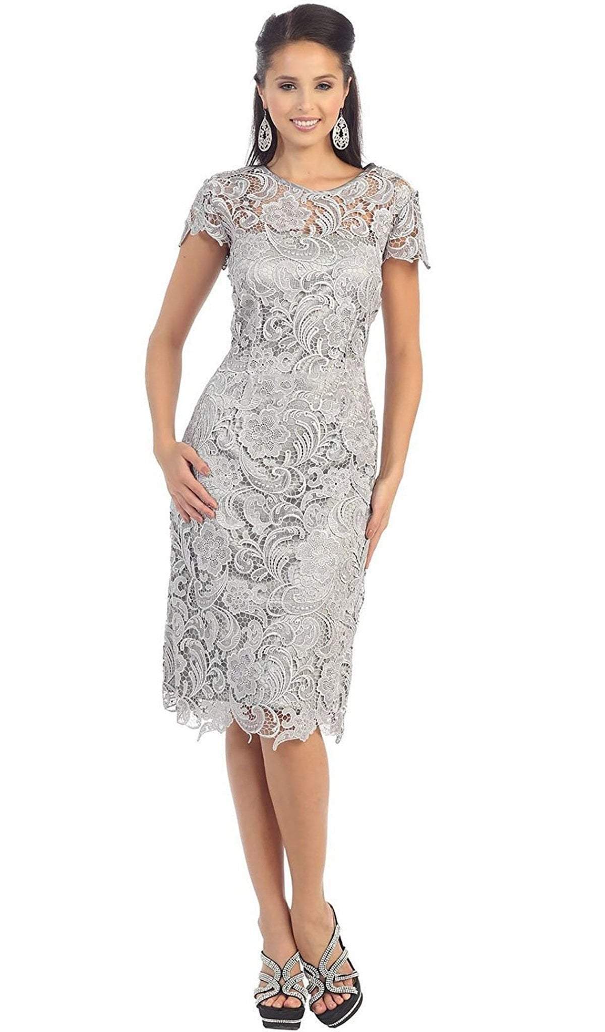 May Queen - Short Sleeve Sheer Scalloped Lace Formal Dress
