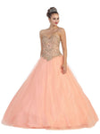 Sophisticated Strapless Sweetheart Basque Waistline Tiered Lace-Up Open-Back Lace Floor Length Quinceanera Dress With Rhinestones