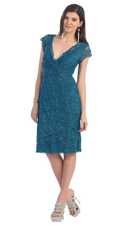 Tiered Scallop Lace V-Neck Formal Blue Dress