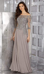 A-line 3/4 Sleeves Off the Shoulder Natural Waistline Back Zipper Sheer Fitted Crystal Beaded Floor Length Chiffon Dress