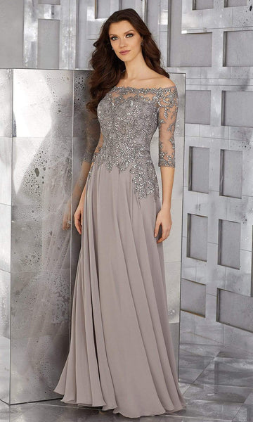 A-line Floor Length Natural Waistline 3/4 Sleeves Off the Shoulder Chiffon Sheer Back Zipper Crystal Fitted Beaded Dress