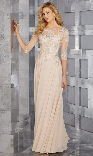 Sophisticated A-line 3/4 Sleeves Natural Waistline Bateau Neck Sheer Flowy Crystal Fitted Beaded Embroidered Applique Dress
