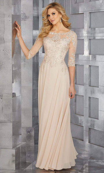 Sophisticated A-line Bateau Neck Fitted Flowy Applique Embroidered Crystal Sheer Beaded Natural Waistline 3/4 Sleeves Dress