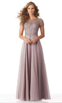 A-line Cap Sleeves Chiffon Back Zipper Flowy Fitted Beaded Bateau Neck Natural Waistline Evening Dress