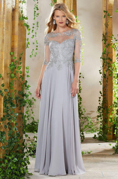 A-line Bateau Neck Sweetheart Floor Length Beaded Sheer Back Zipper Embroidered Fitted 3/4 Sleeves Natural Waistline Chiffon Dress