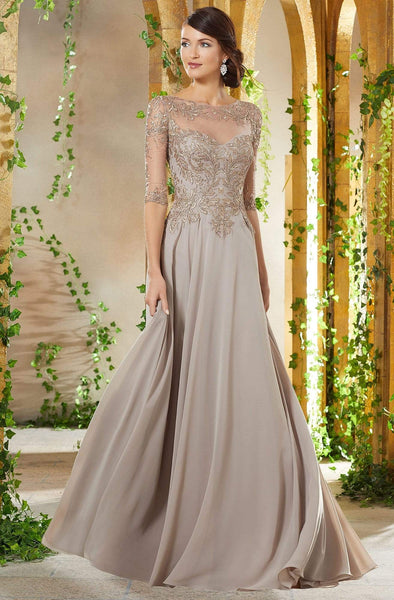 A-line Embroidered Back Zipper Sheer Beaded Fitted Bateau Neck Sweetheart 3/4 Sleeves Floor Length Chiffon Natural Waistline Dress