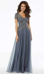 Tall A-line V-neck Short Embroidered Fitted Illusion Mesh Beaded Sheer Metallic Dress by Mgny By Mori Lee