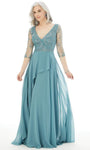 A-line V-neck Natural Waistline 3/4 Sleeves Chiffon Beaded Flowy Hidden Back Zipper Sheer Wrap Asymmetric Floor Length Evening Dress with a Brush/Sweep Train