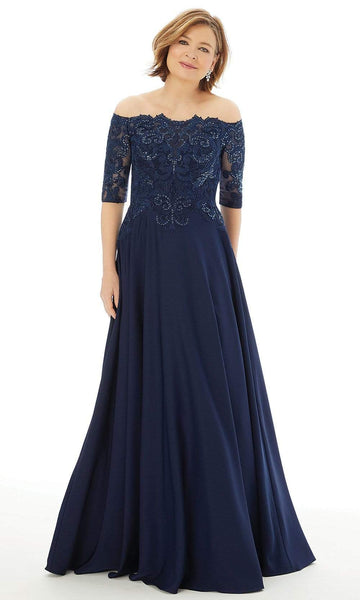 A-line Floor Length Natural Waistline Hidden Back Zipper Beaded Embroidered Elbow Length Sleeves Off the Shoulder Evening Dress/Mother-of-the-Bride Dress