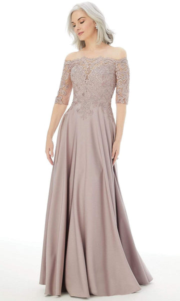 A-line Floor Length Natural Waistline Elbow Length Sleeves Off the Shoulder Embroidered Beaded Hidden Back Zipper Evening Dress/Mother-of-the-Bride Dress