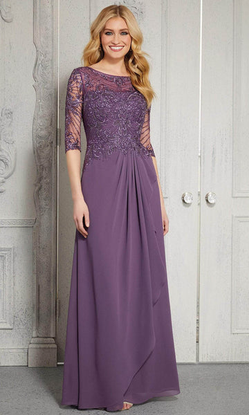 Sophisticated A-line Bateau Neck Chiffon Floor Length Natural Waistline Elbow Length Sleeves Back Zipper Embroidered Beaded Illusion Pleated V Back Evening Dress