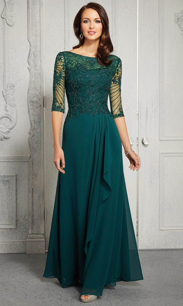 Sophisticated A-line Bateau Neck Natural Waistline Floor Length Elbow Length Sleeves Chiffon Embroidered Illusion Beaded Back Zipper V Back Pleated Evening Dress