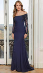 Illusion Applique Draped Ruched Fitted Beaded Hidden Back Zipper Long Sleeves Off the Shoulder Natural Waistline Fit-and-Flare Sheath Sheath Dress/Evening Dress with a Brush/Sweep Train