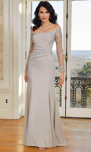 Long Sleeves Off the Shoulder Natural Waistline Fitted Ruched Hidden Back Zipper Beaded Illusion Draped Applique Fit-and-Flare Sheath Sheath Dress/Evening Dress with a Brush/Sweep Train