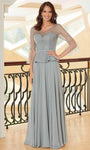 A-line V-neck Bell Sleeves Floor Length Back Zipper Beaded Peplum V Back Illusion Sheer Belted Natural Waistline Chiffon Evening Dress/Prom Dress