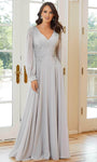 Sophisticated A-line V-neck Natural Waistline Bishop Long Sleeves Floor Length Beaded Draped Back Zipper Sheer Flowy Applique Evening Dress with a Brush/Sweep Train