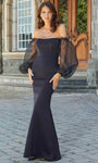 Floor Length Natural Waistline Mermaid Sheer Long Sleeves Off the Shoulder Crepe Sheer Back Zipper Slit Evening Dress