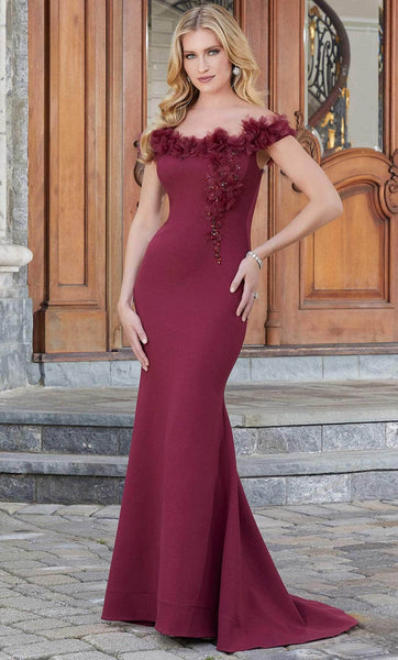 Sophisticated Fit-and-Flare Mermaid Floor Length Beaded Flower(s) Back Zipper Fitted Off the Shoulder Natural Waistline Dress with a Brush/Sweep Train