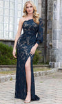 Asymmetric Slit Back Zipper Sheath Bishop Long Sleeves One Shoulder Lace Natural Waistline Sheath Dress/Evening Dress/Prom Dress