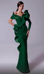 V-neck Long Sleeves One Shoulder Asymmetric Draped Mermaid Corset Natural Waistline Floor Length Evening Dress With Ruffles