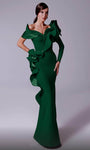 V-neck Floor Length Mermaid Corset Natural Waistline Long Sleeves One Shoulder Draped Asymmetric Evening Dress With Ruffles