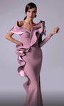V-neck Long Sleeves One Shoulder Floor Length Mermaid Corset Natural Waistline Asymmetric Draped Evening Dress With Ruffles