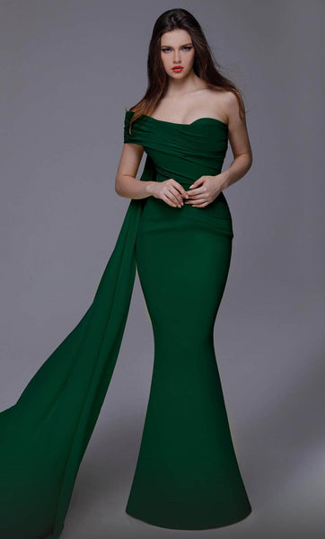 Mermaid Off the Shoulder One Shoulder Natural Waistline Short Ruched Draped Asymmetric Wrap Crepe Evening Dress with a Brush/Sweep Train With a Sash