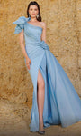 Sexy Sophisticated Crepe Belted Asymmetric Ruched Slit Fitted Draped One Shoulder Natural Waistline Sheath Sheath Dress/Evening Dress with a Brush/Sweep Train With a Bow(s) and a Sash