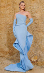 Strapless Mermaid Natural Waistline Gathered Belted Peplum Asymmetric Tiered Evening Dress with a Brush/Sweep Train With Ruffles