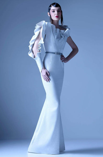 Mermaid Floor Length Pleated Asymmetric Belted Fitted Back Zipper Elasticized Natural Waistline Dress With Ruffles