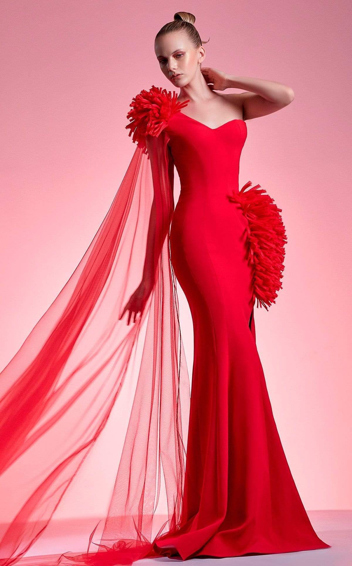 MNM Couture - G1211 Asymmetrical Fringed High Slit Mermaid Gown
