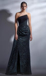 Strapless Corset Empire Waistline Mermaid Floor Length Asymmetric Glittering Draped Slit Crepe Evening Dress with a Brush/Sweep Train