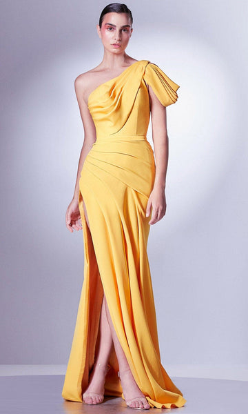 Sophisticated Asymmetric Slit Pleated Draped Crepe Elasticized Natural Waistline Cold Shoulder Sleeves Mermaid Evening Dress with a Brush/Sweep Train With a Sash