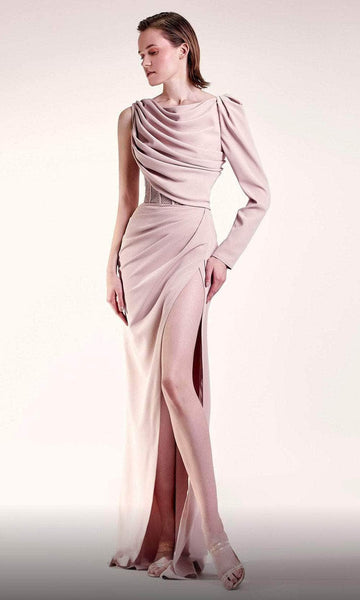 Sheath Floor Length Bateau Neck Long Sleeves One Shoulder Slit Ruched Fitted Corset Natural Waistline Sheath Dress/Evening Dress with a Brush/Sweep Train