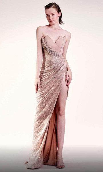 Sophisticated V-neck Strapless Sheath Hidden Back Zipper Gathered Slit Fitted Pleated Beaded Draped Natural Waistline Sheath Dress/Pageant Dress with a Brush/Sweep Train