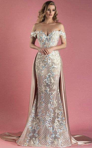 A-line Flutter Sleeves Off the Shoulder Floor Length Natural Waistline Flared-Skirt Satin Applique Fitted Tiered Dress with a Brush/Sweep Train