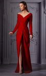 Sexy Floor Length Long Sleeves Off the Shoulder Natural Waistline Sheath Fitted Slit Back Zipper V Back Banding Sheath Dress/Evening Dress with a Brush/Sweep Train