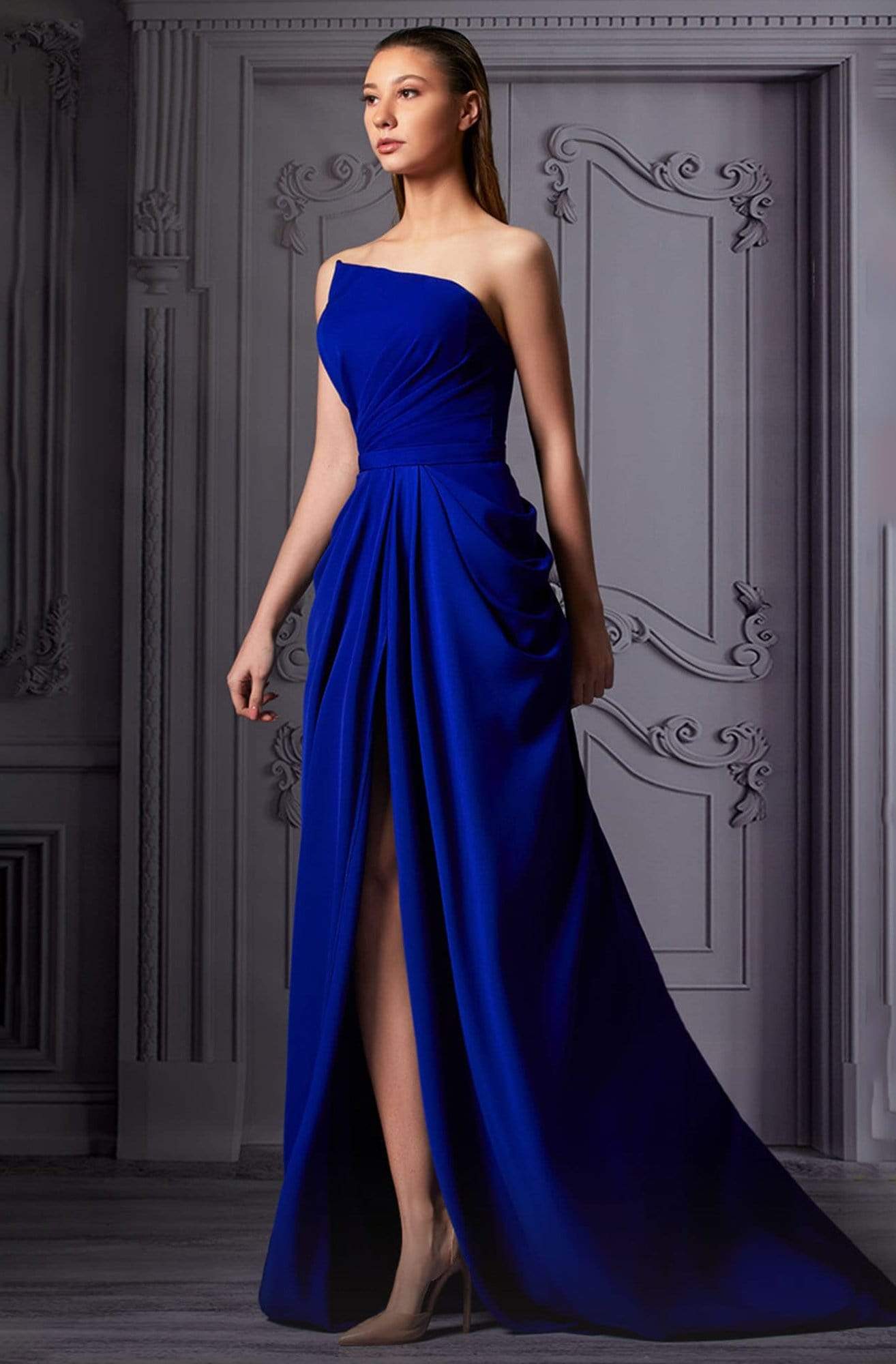 MNM Couture - K3854 Ruched Asymmetrical Sheath Dress
