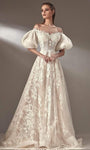 A-line Open-Back Back Zipper Puff Sleeves Sleeves Off the Shoulder Natural Waistline Floor Length Short Evening Dress