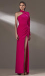 Sophisticated Sheath Floor Length Long Sleeves One Shoulder Slit High-Neck Natural Waistline Sheath Dress/Evening Dress