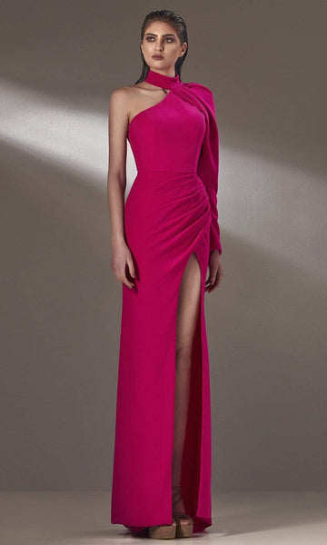 Sophisticated Sheath Slit Long Sleeves One Shoulder Floor Length High-Neck Natural Waistline Sheath Dress/Evening Dress