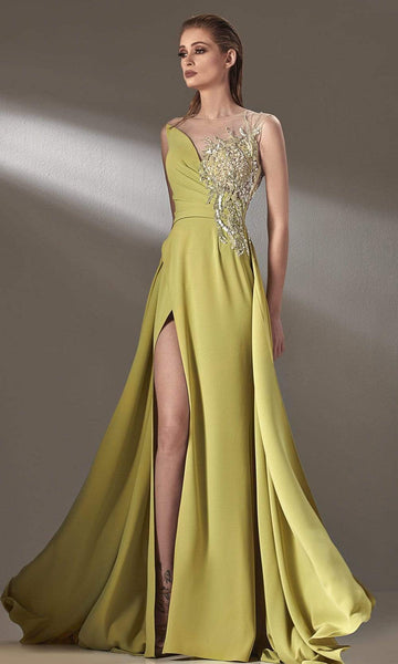 Sophisticated A-line Applique Draped Slit Illusion Beaded Bateau Neck Floor Length Natural Waistline Sleeveless Evening Dress
