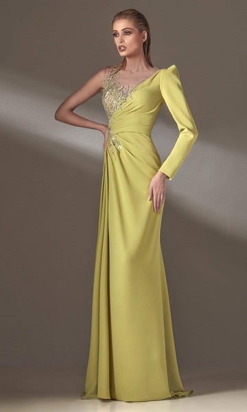 A-line Jeweled Neck Long Sleeves One Shoulder Illusion Jeweled Beaded Draped Floor Length Natural Waistline Evening Dress