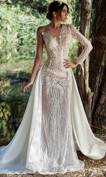 Sophisticated A-line Illusion Jeweled Draped Beaded Sheer Sheer Back Back Zipper Jeweled Neck Natural Waistline Mermaid Long Sleeves Evening Dress with a Court Train