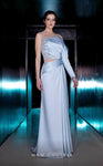 A-line Natural Waistline Satin Floor Length Illusion Long Sleeves Bateau Neck Prom Dress