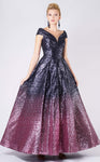 A-line Pleated Sequined Illusion Mesh Back Zipper Sheer Cap Sleeves Off the Shoulder Natural Waistline Evening Dress