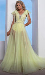 A-line V-neck Glittering Open-Back Sheer Natural Waistline Prom Dress with a Brush/Sweep Train With a Bow(s)